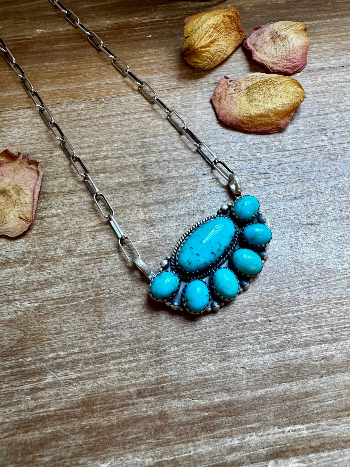 Kingman Turquoise Long Cluster Necklace – 19" Paperclip Chain