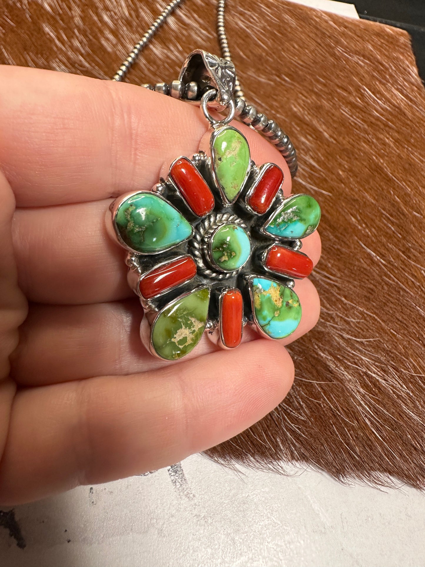 Beautiful Handmade Sterling Silver, Coral & Sonoran Mountain Turquoise Pendant style 3