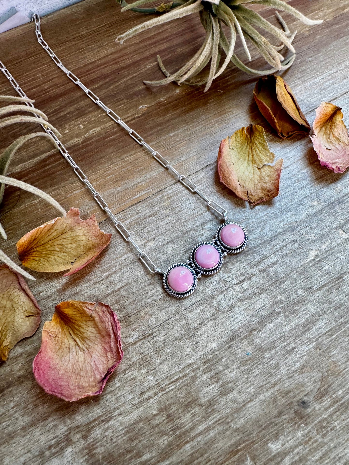 Bar Necklace – 3 Pink Conch Rounds – Sterling Silver – 19 Inch – USA Made