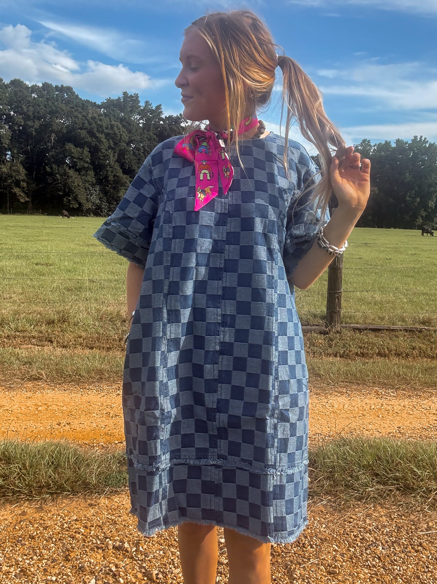 The denim checkered dress