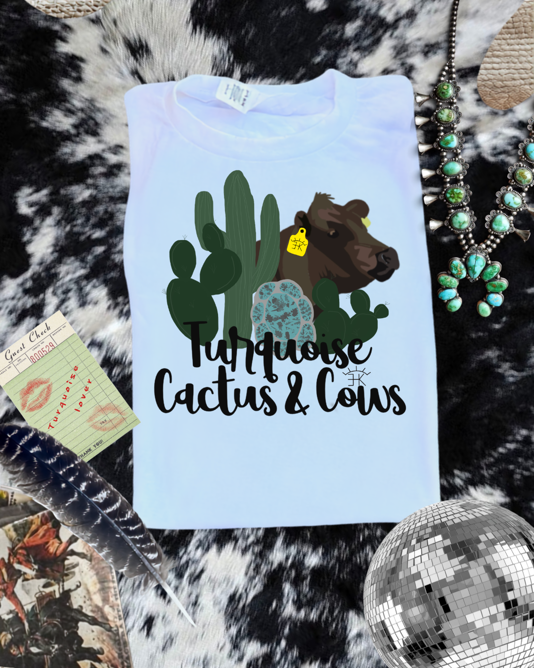 Turquoise , cactuses , and cows sublimation T-shirt