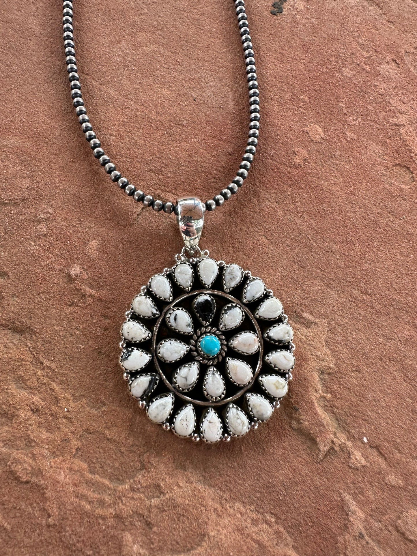 Beautiful Handmade Sterling Silver, White Buffalo & Turquoise Cluster Pendant
