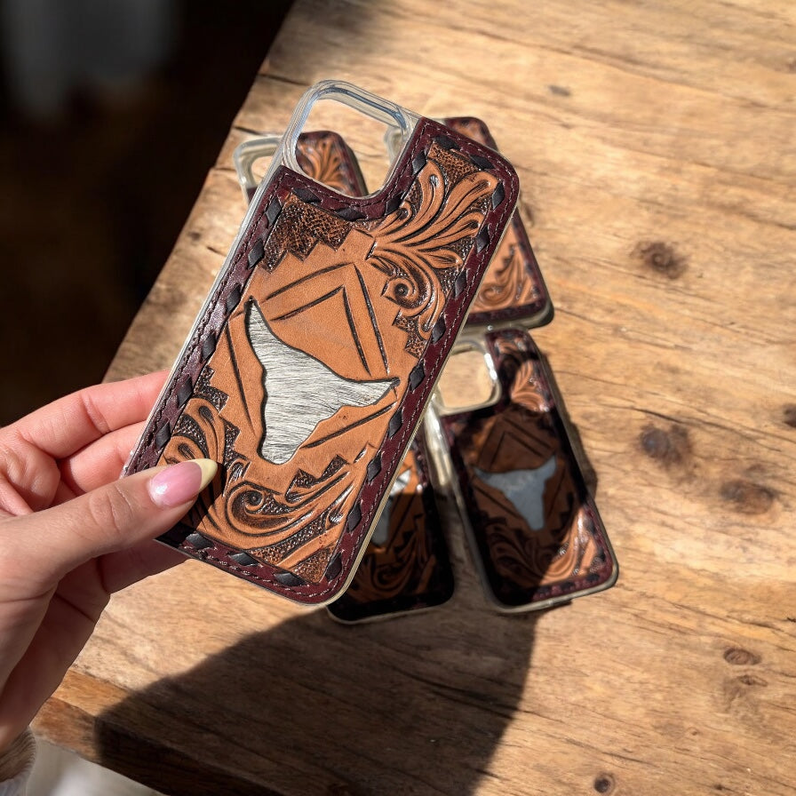 Bull cowhide & tooled iPhone case