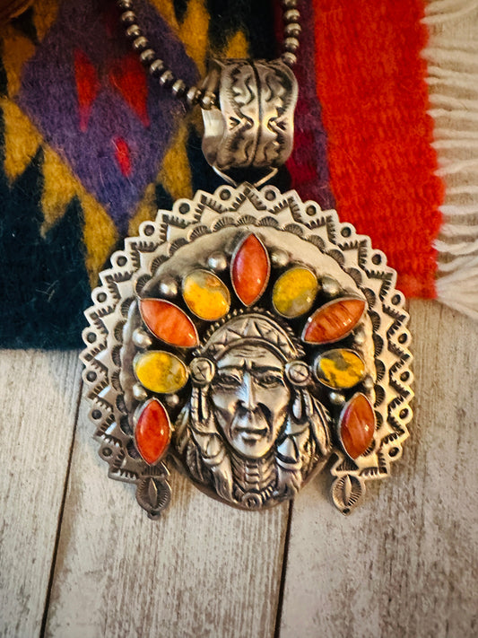 Navajo Spiny, Jasper & Sterling Silver Indian Chief Pendant