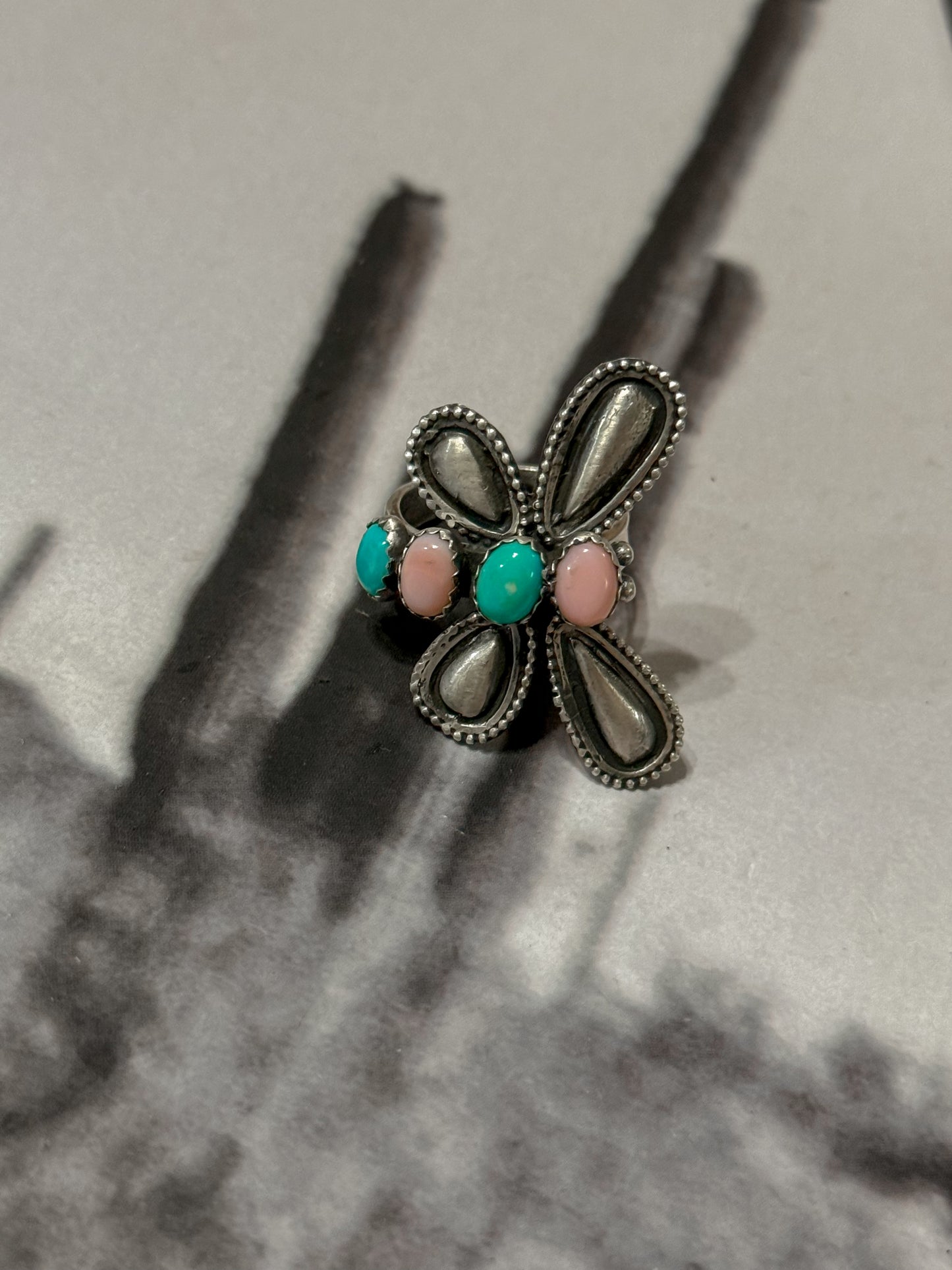 Pink conch and kingman butterfly ring