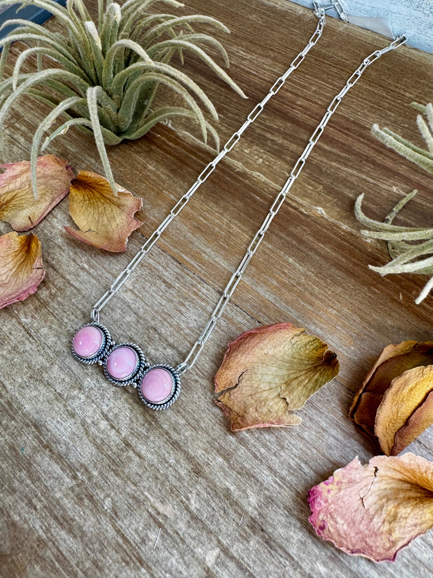 Bar Necklace – 3 Pink Conch Rounds – Sterling Silver – 19 Inch – USA Made