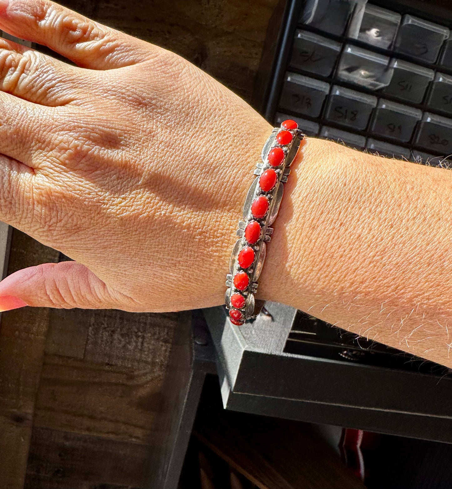 Red Coral Cuff Bracelet – Native Made by Russell Sam, Sterling Silver