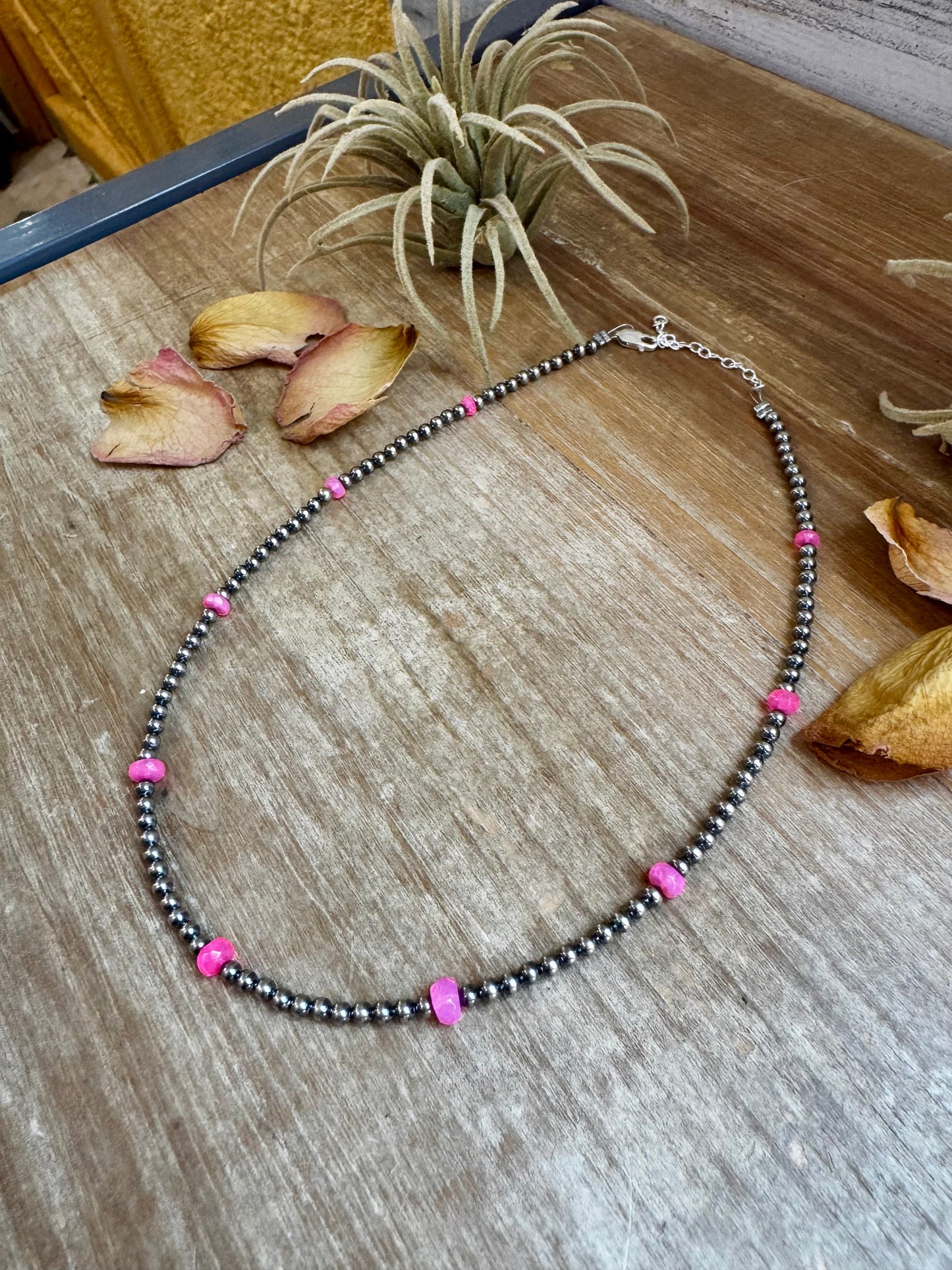 Pink Opal & Sterling Silver Pearl Necklace – 15"