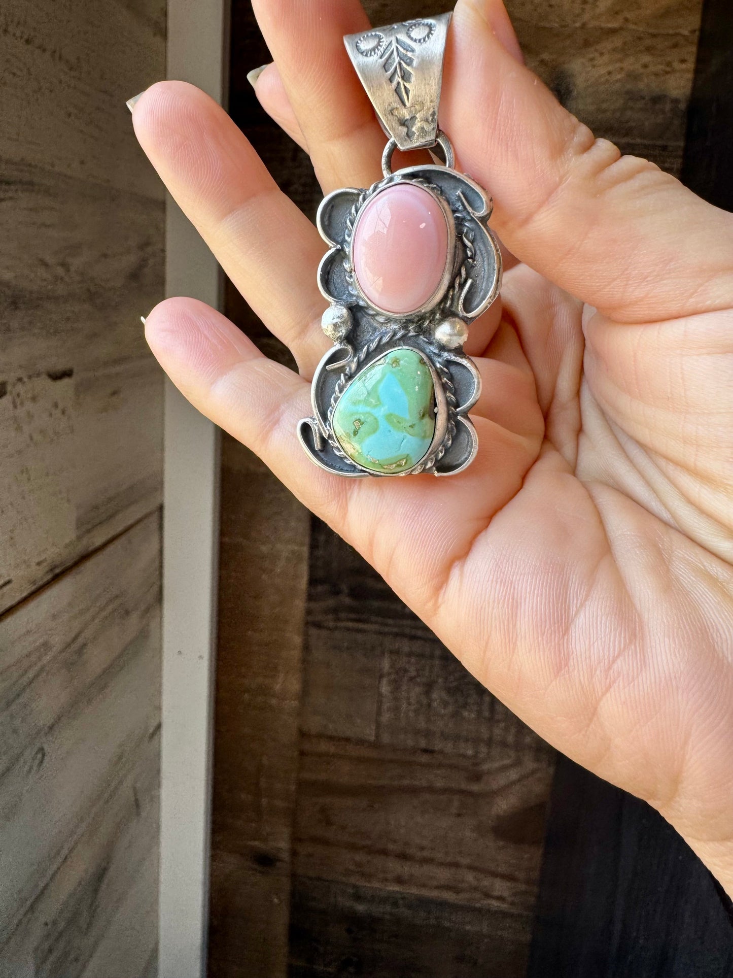 Pink Conch & Sonoran Gold Turquoise Pendant – Sterling Silver by Gilbert Nez