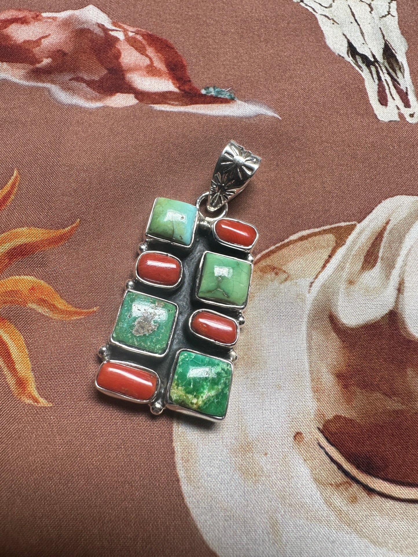 Beautiful Handmade Sterling Silver, Coral & Sonoran Mountain Turquoise Bar Pendant