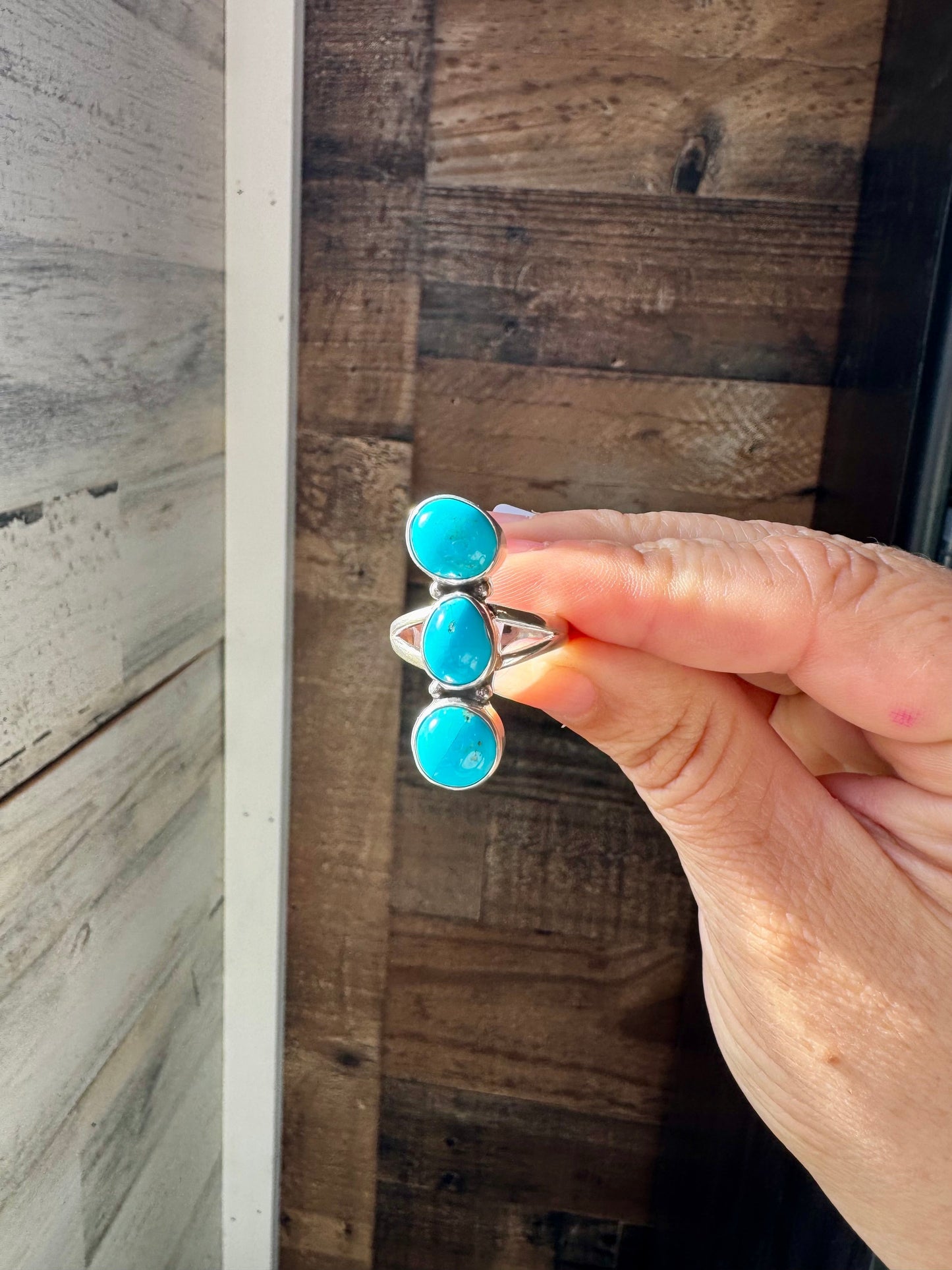 3-Stone Kingman Turquoise Ring – Size 9.5 Sterling Silver