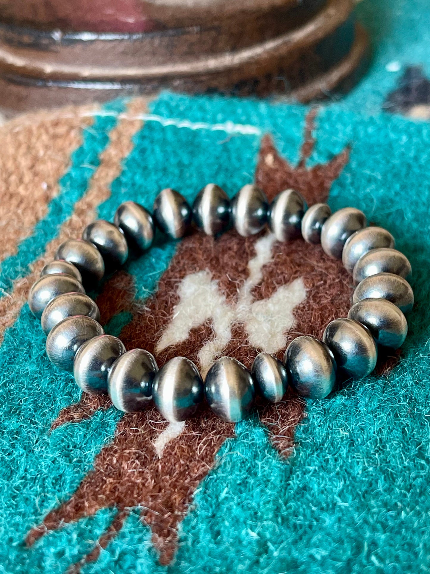 Vinita Cowboy Navajo Handmade 8mm Sterling Silver Beaded Stretch Bracelet