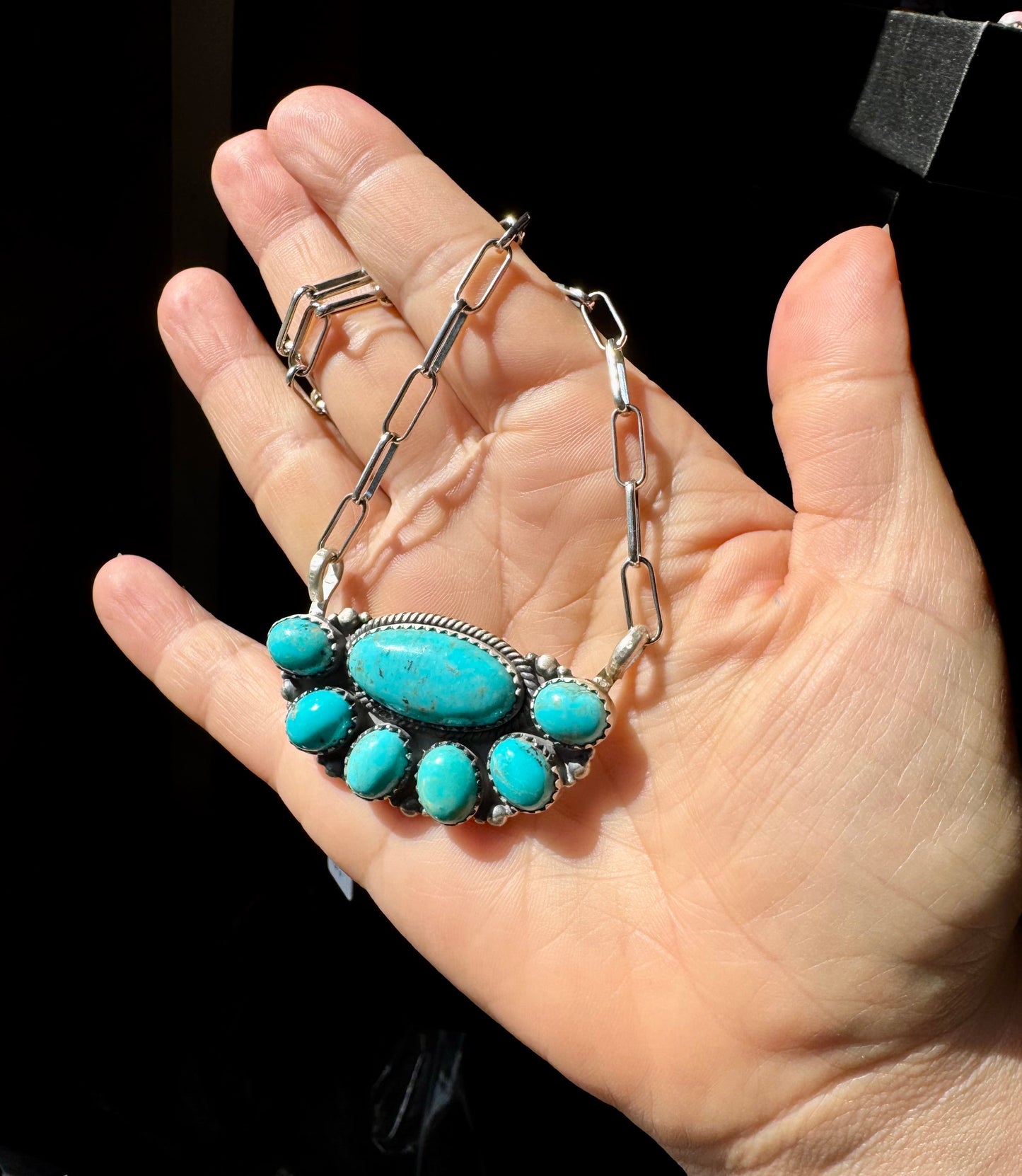 Kingman Turquoise Long Cluster Necklace – 19" Paperclip Chain