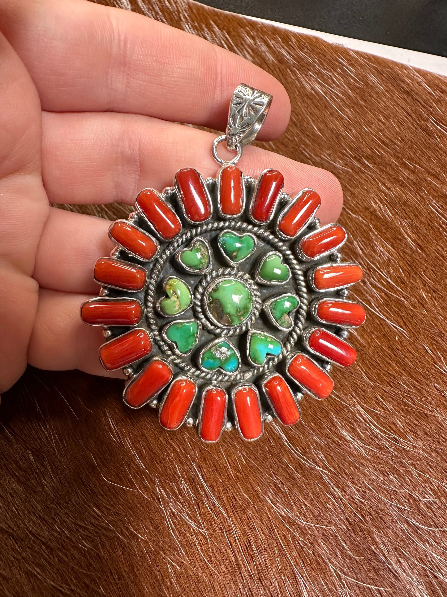 Beautiful Handmade Sterling Silver, Coral & Sonoran Mountain Turquoise Heart Pendant style 2