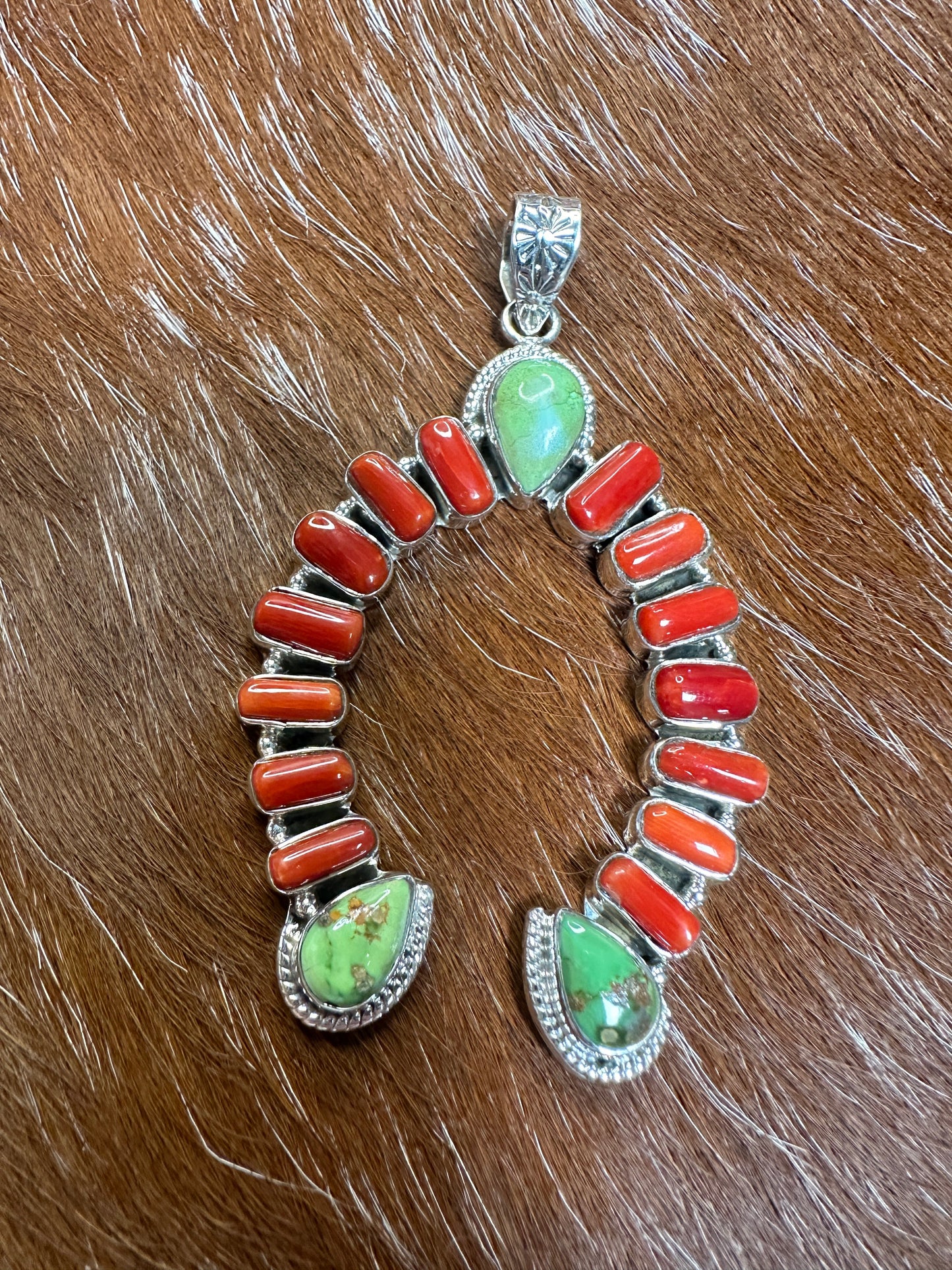 Beautiful Handmade Sterling Silver, Coral & Sonoran Mountain Turquoise Naja Pendant
