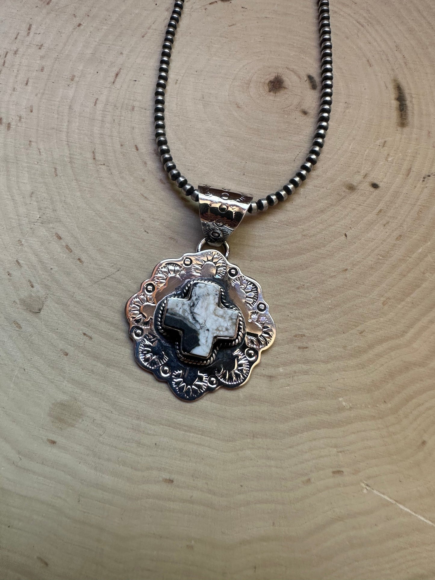 Beautiful Handmade Sterling Silver White Buffalo Cross Pendant