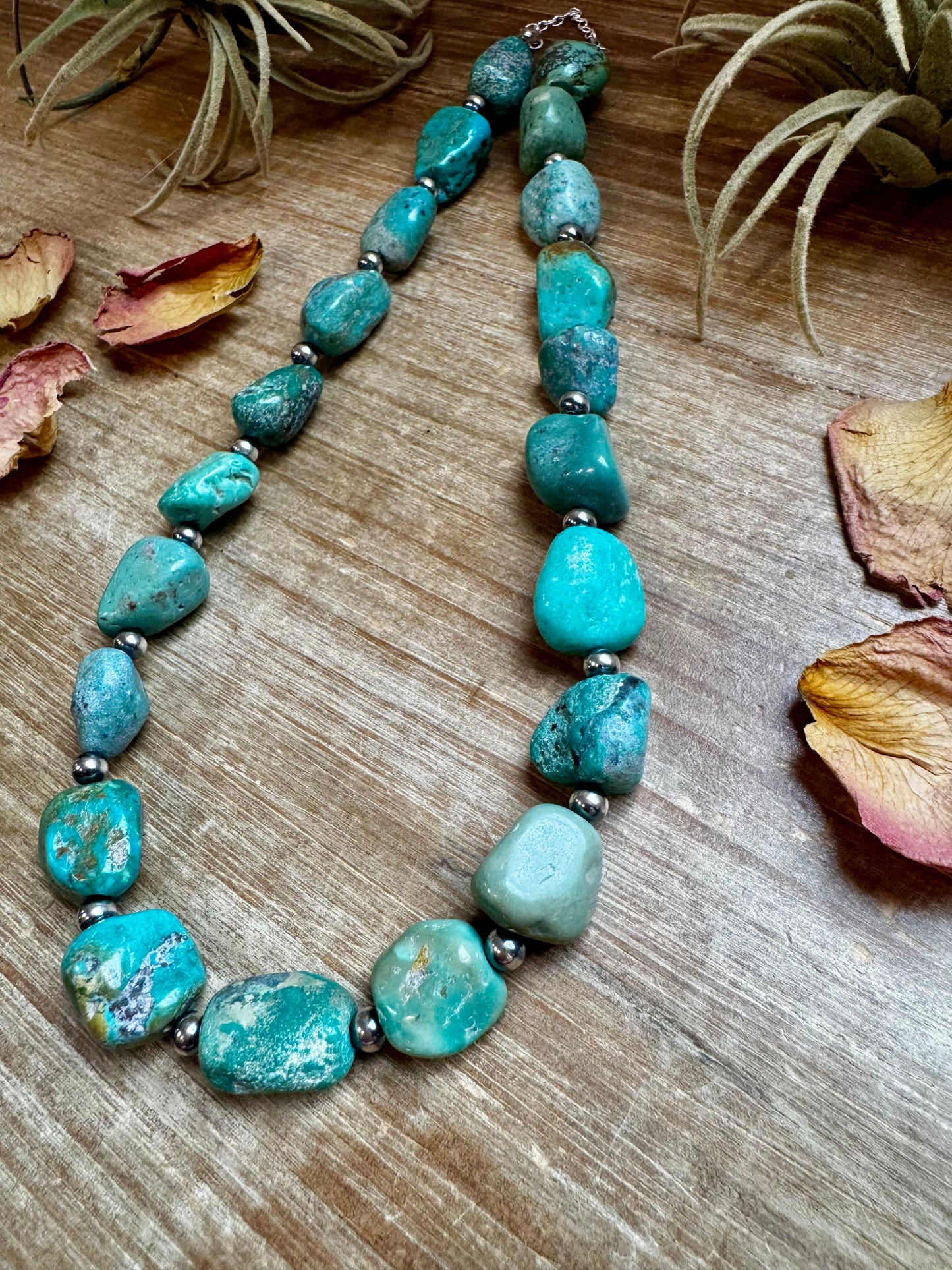 18-Inch Turquoise Nugget Necklace with 4mm Sterling Silver Pearls