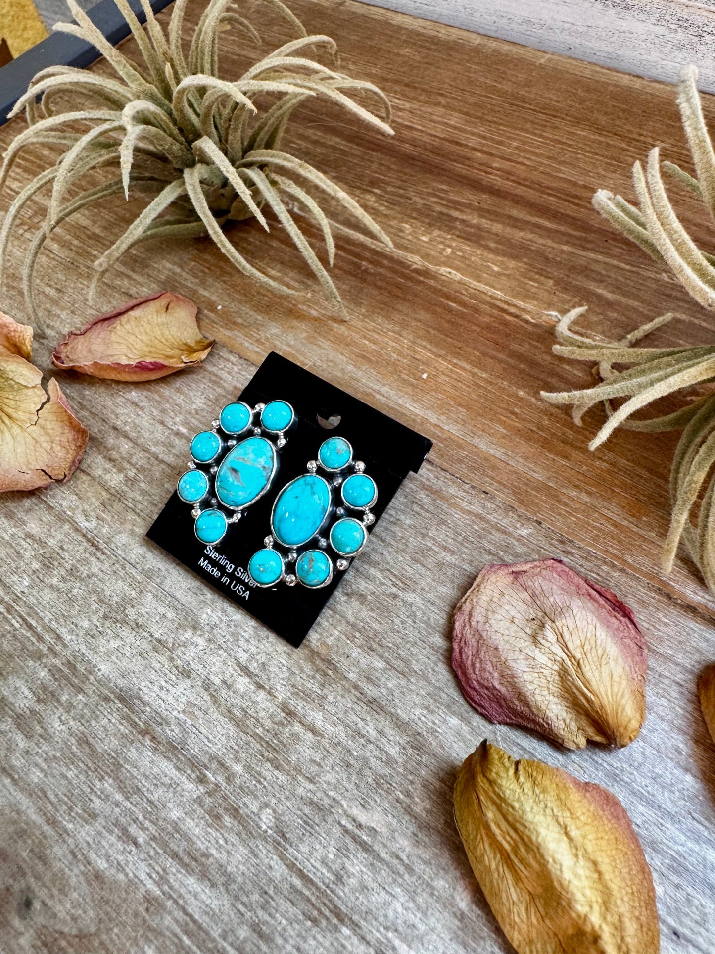 Kingman Turquoise Half Cluster Earrings – Sterling Silver, Zia Stamp, USA Made