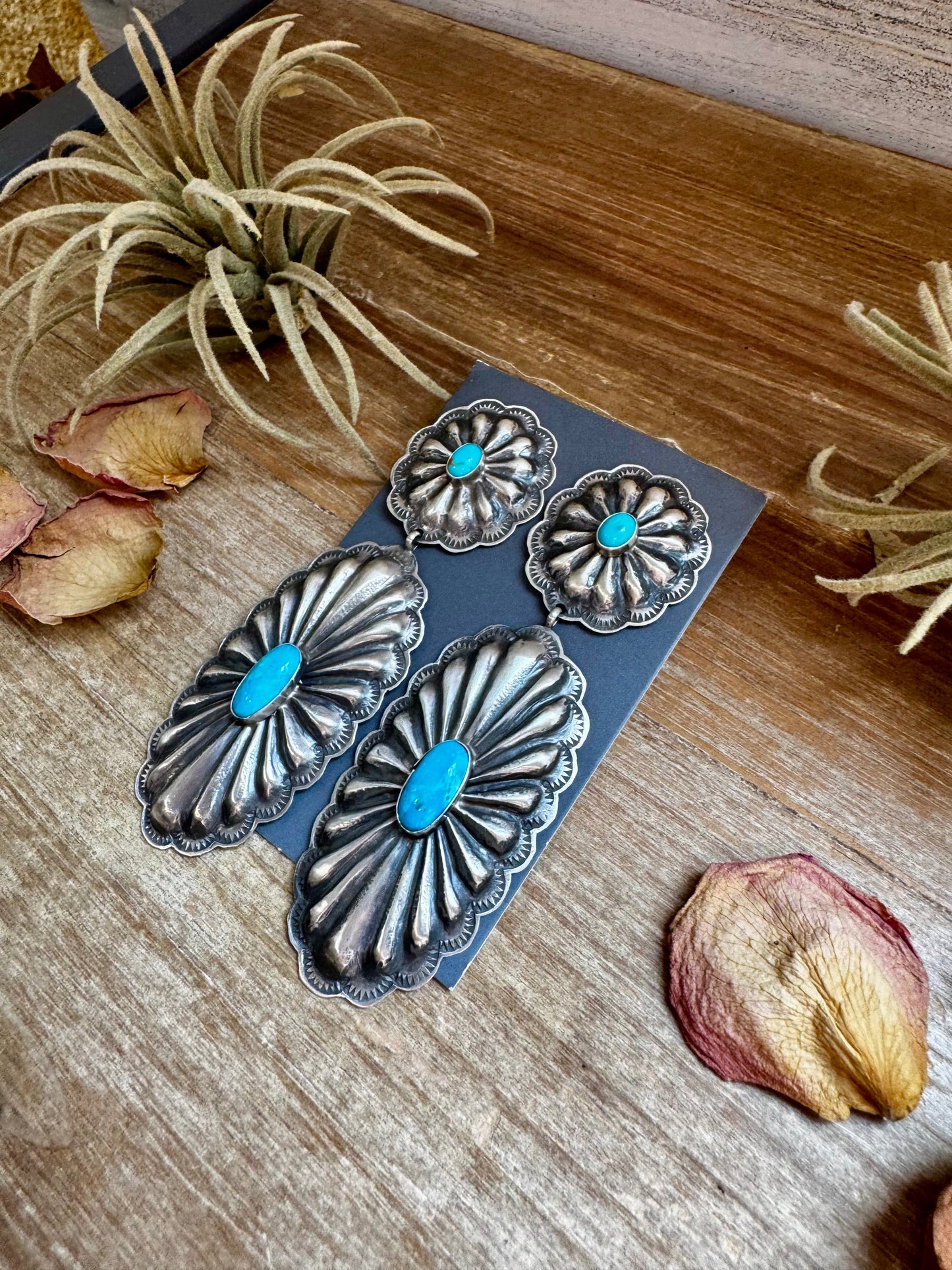 Rita Lee Sterling Silver Concho Earrings – Sleeping Beauty Turquoise – Statement with Post & Dangle
