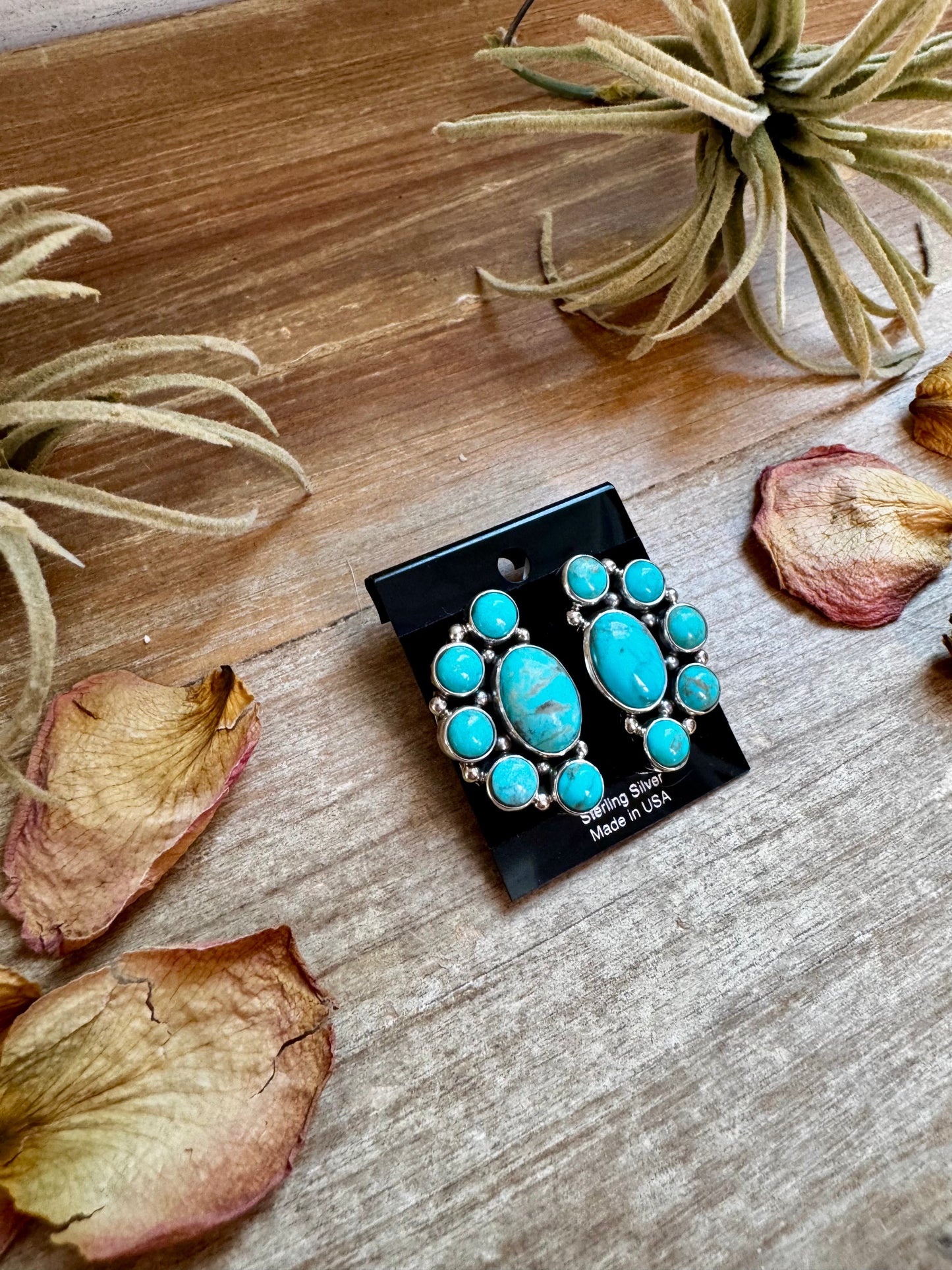 Kingman Turquoise Half Cluster Earrings – Sterling Silver, Zia Stamp, USA Made