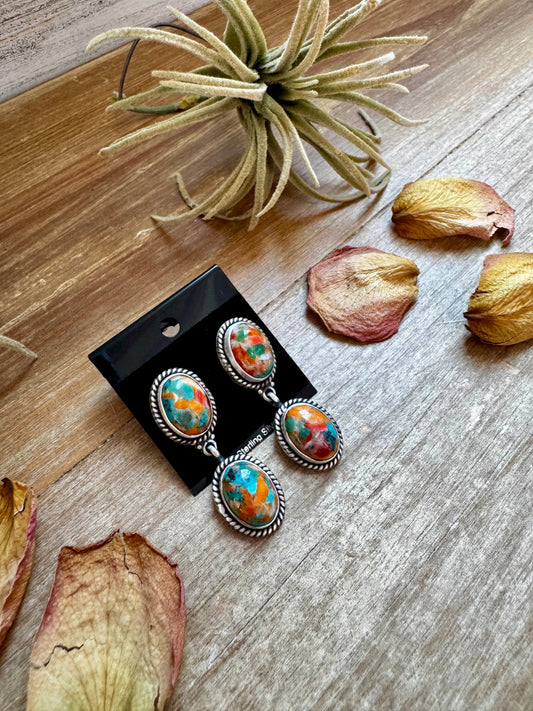 Mojave Spiny Oyster & Turquoise Dangle Earrings – Sterling Silver, USA Made, Post Top