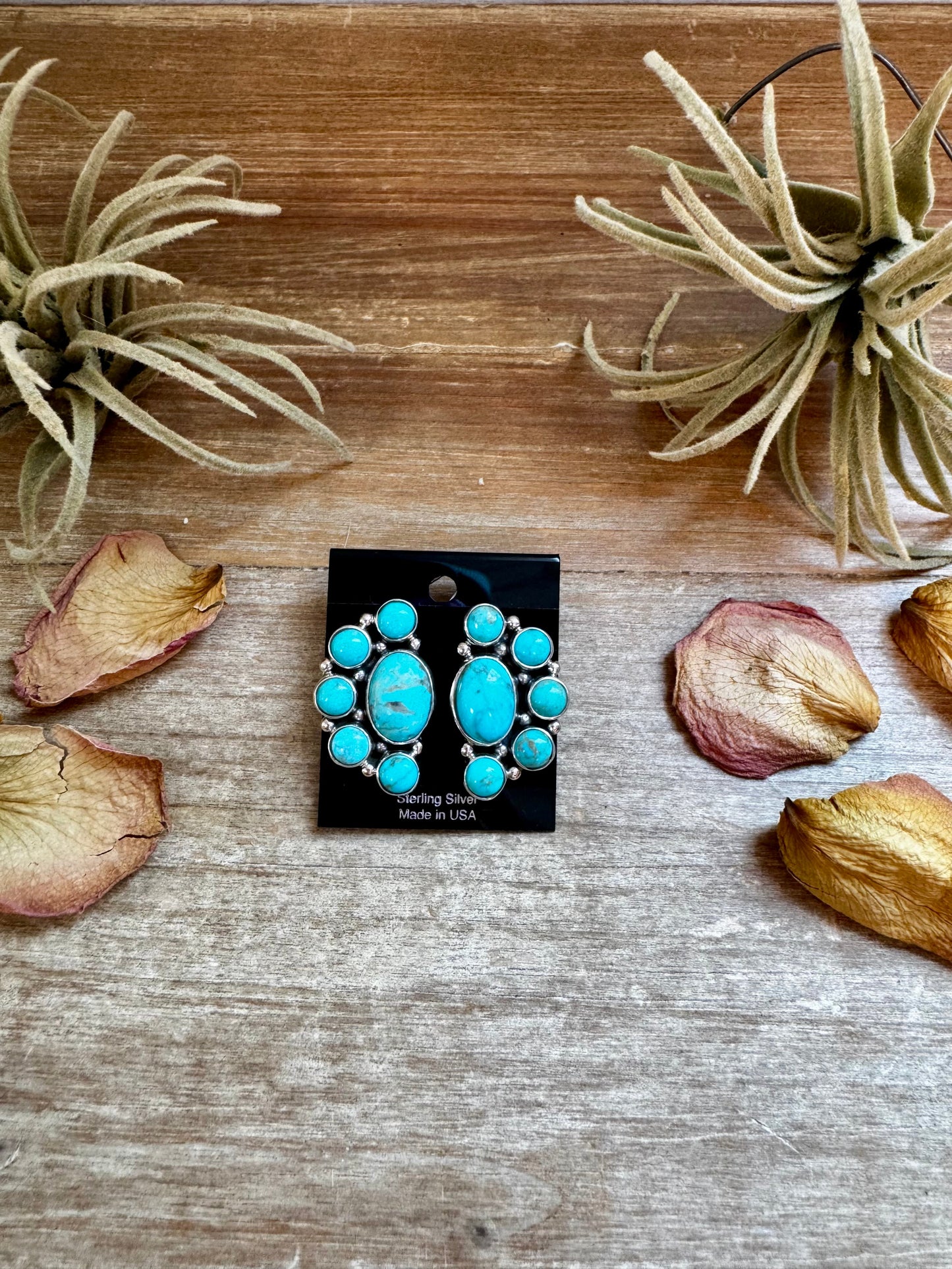 Kingman Turquoise Half Cluster Earrings – Sterling Silver, Zia Stamp, USA Made