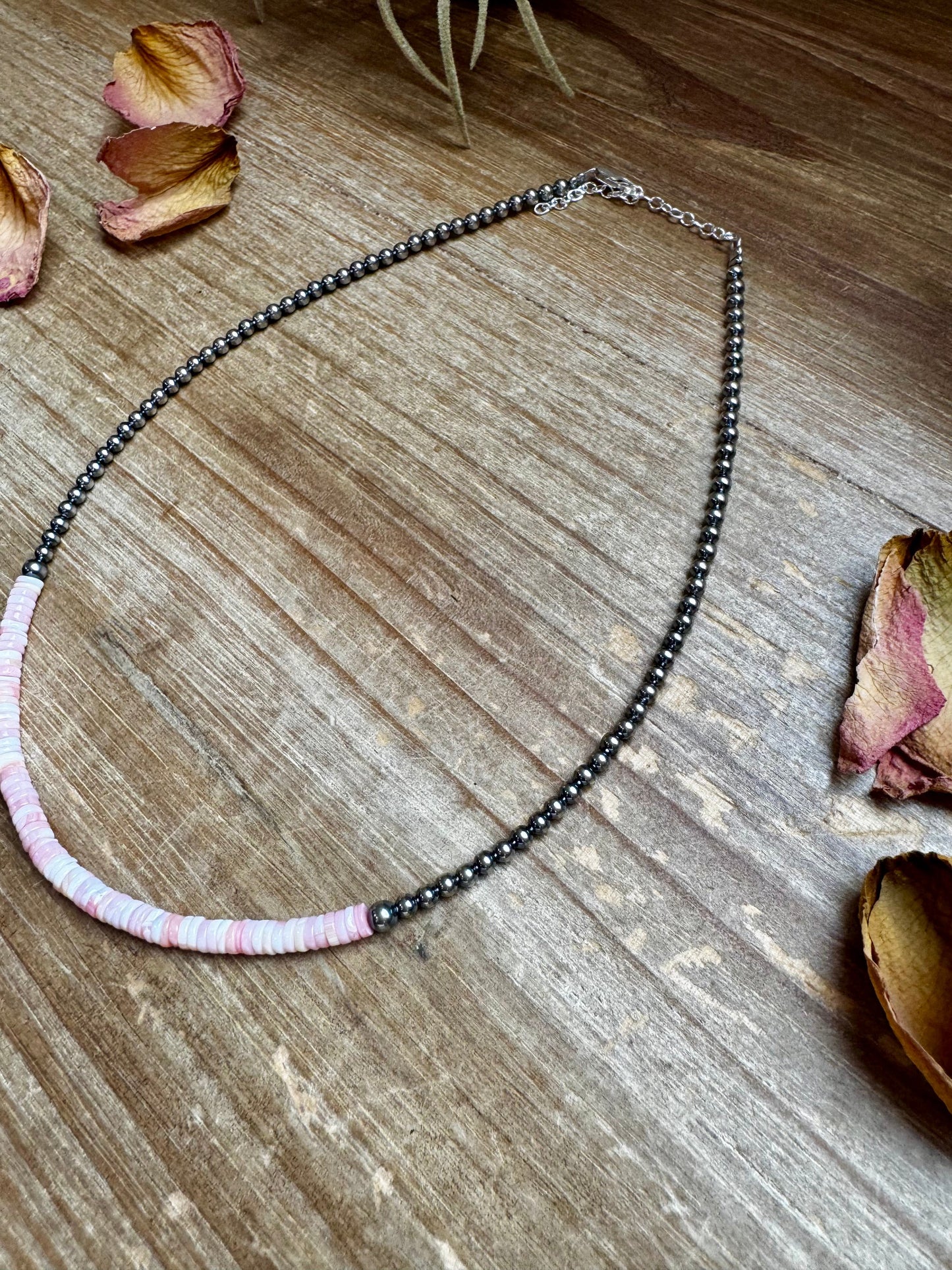 15-Inch Pink Conch Heishi Necklace – Sterling Silver Pearls, Handmade