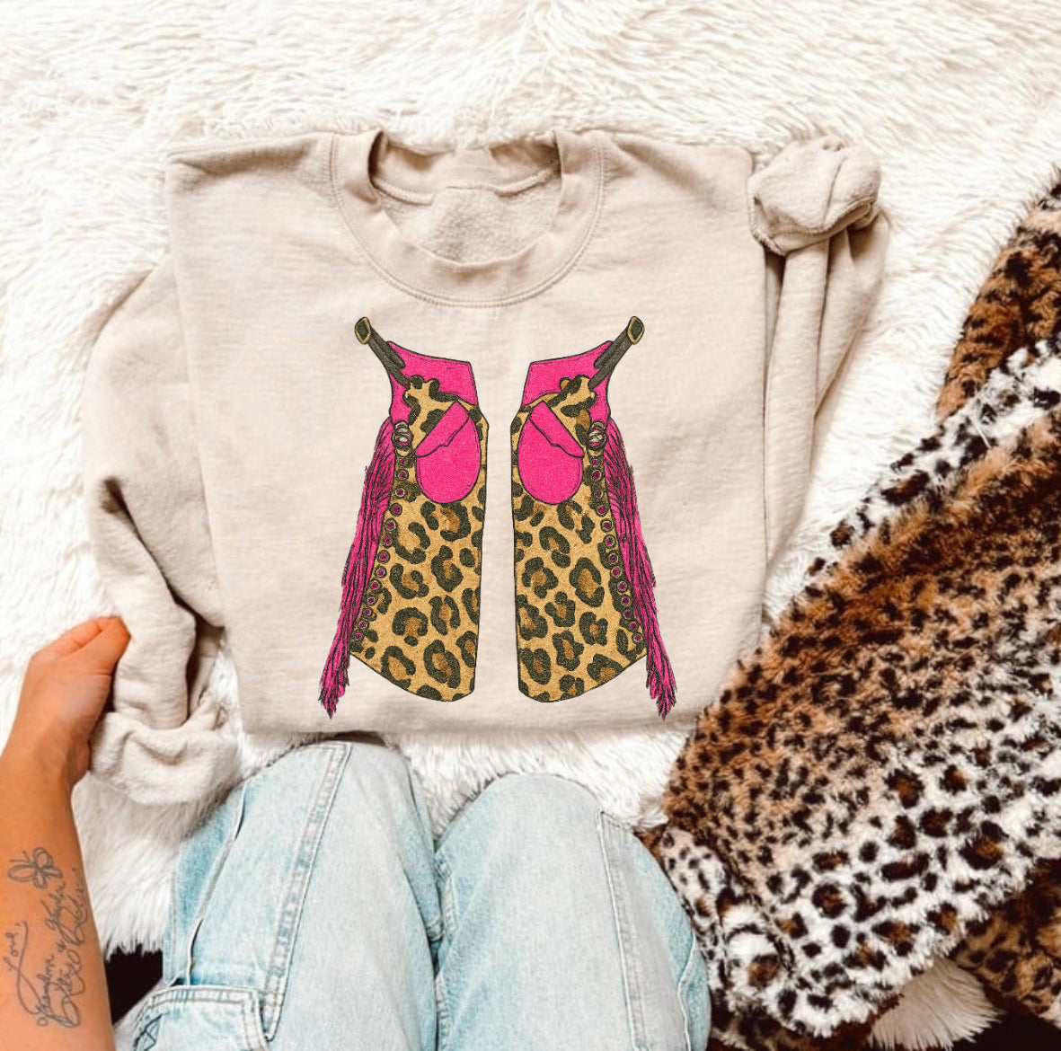 Cheetah print and pink chaps sweatshirt