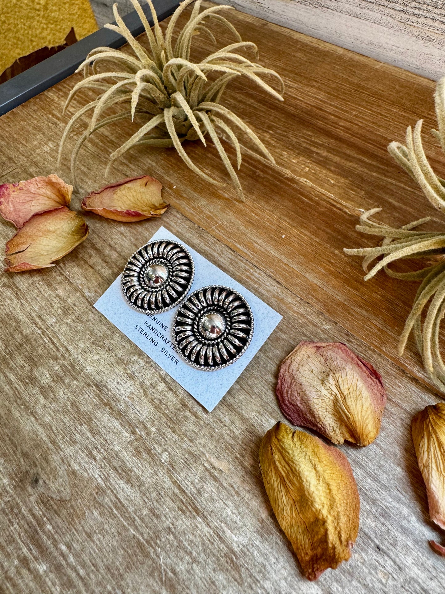Stamped Sterling Silver Concho Stud Earrings, TC Stamp, 1.5" Round
