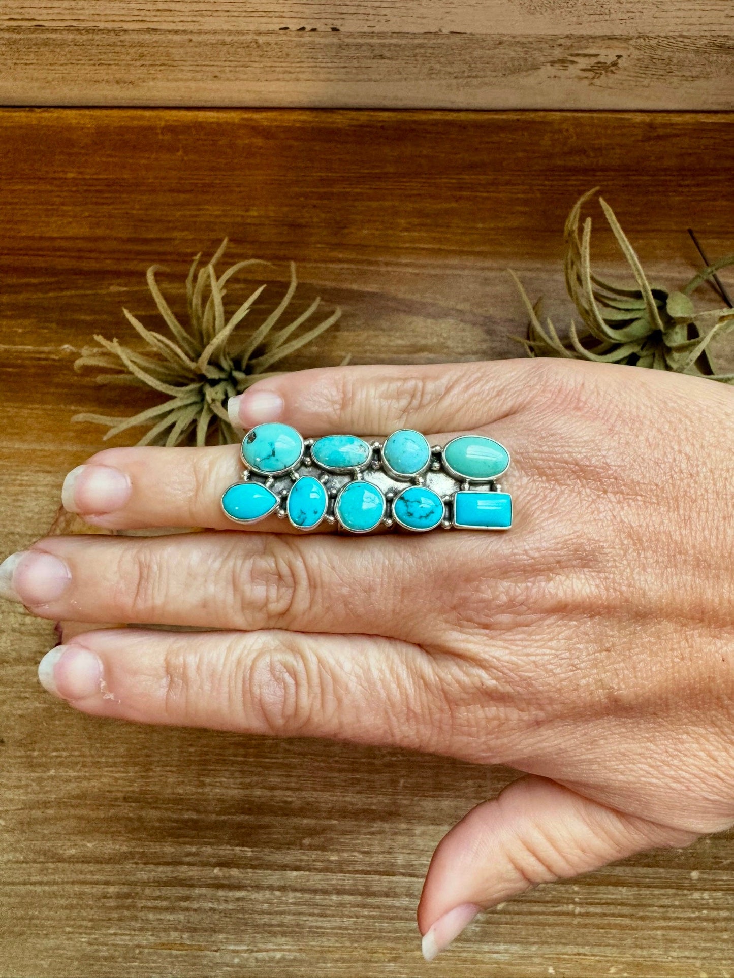 Adjustable Kingman Turquoise Statement Ring – USA Made, 9 Stones