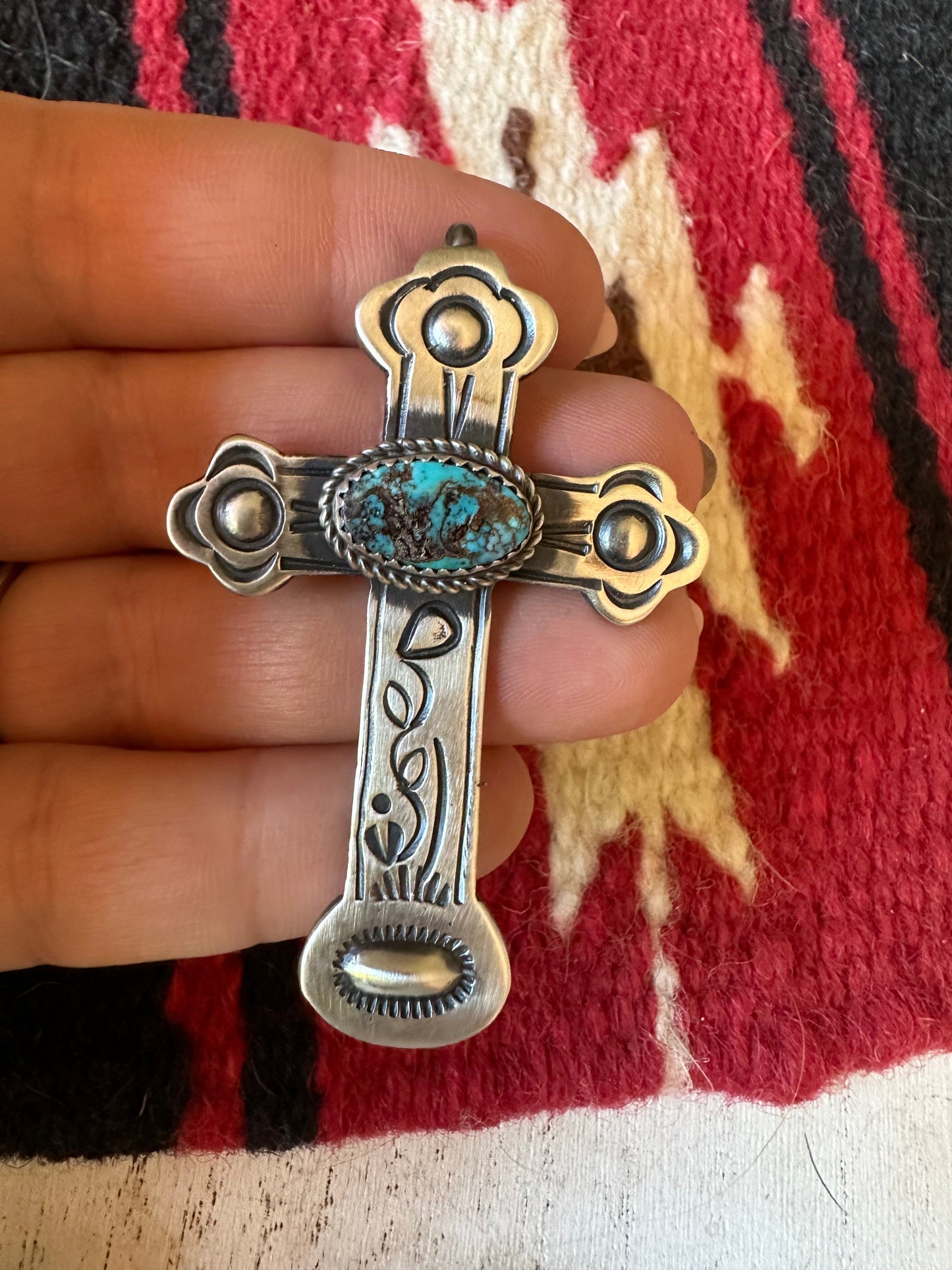 Beautiful Navajo Turquoise & Sterling Silver Cross Pendant Signed
