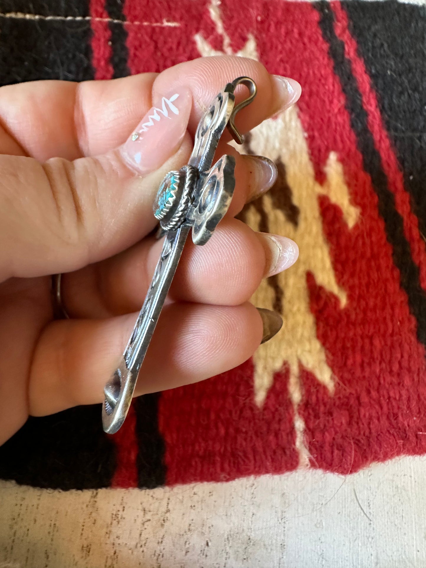 Beautiful Navajo Turquoise & Sterling Silver Cross Pendant Signed