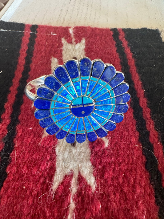 Navajo Handmade Sterling, Lapis & Blue Opal Inlay Cuff Bracelet Signed