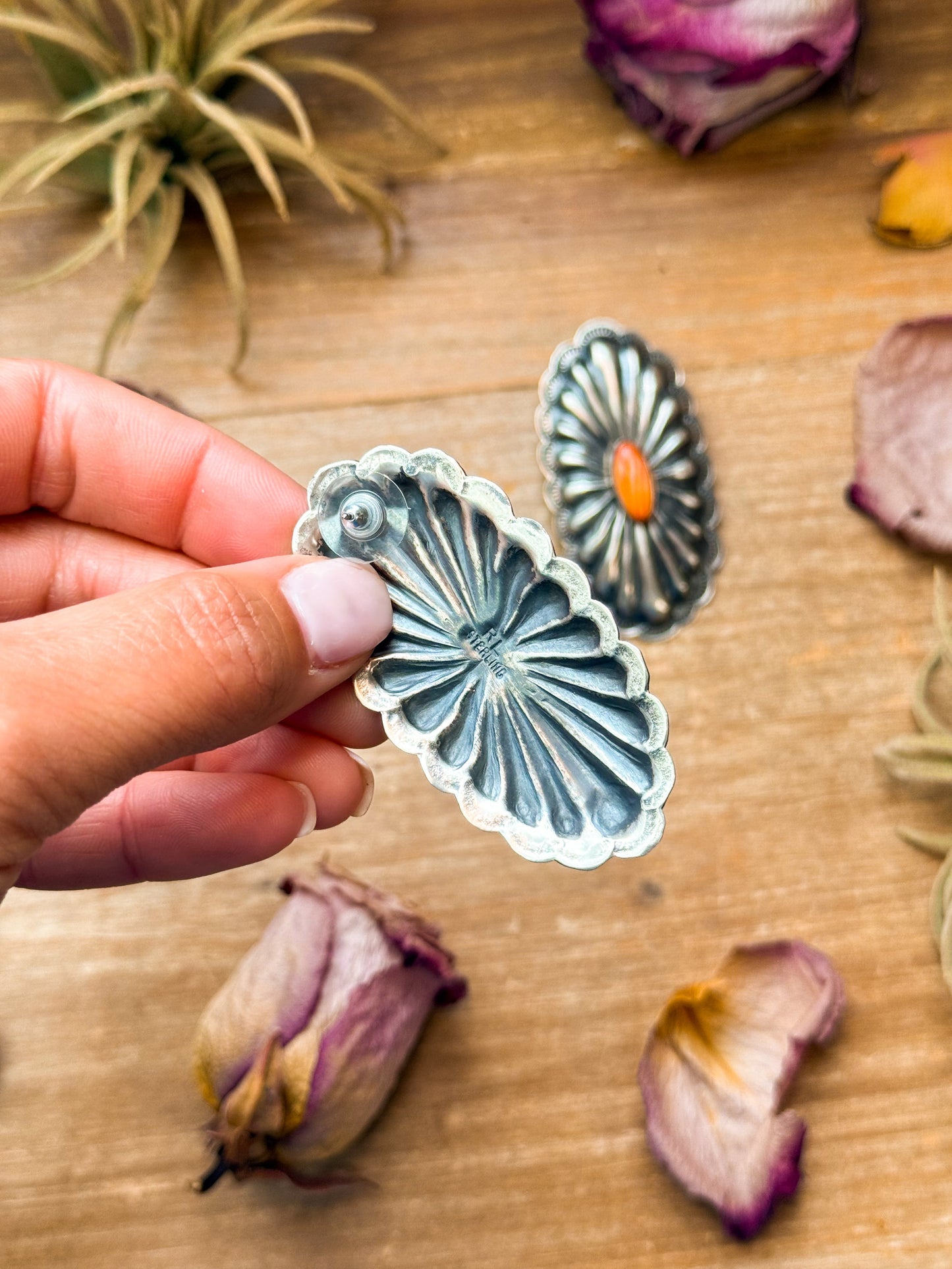 Sterling Silver Concho Earrings with Spiny Oyster – Native Made by Rita Lee