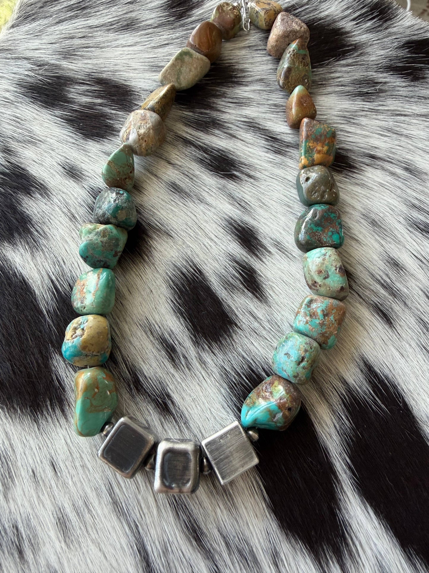 Chunky turquoise & Sterling Square Beads Necklace