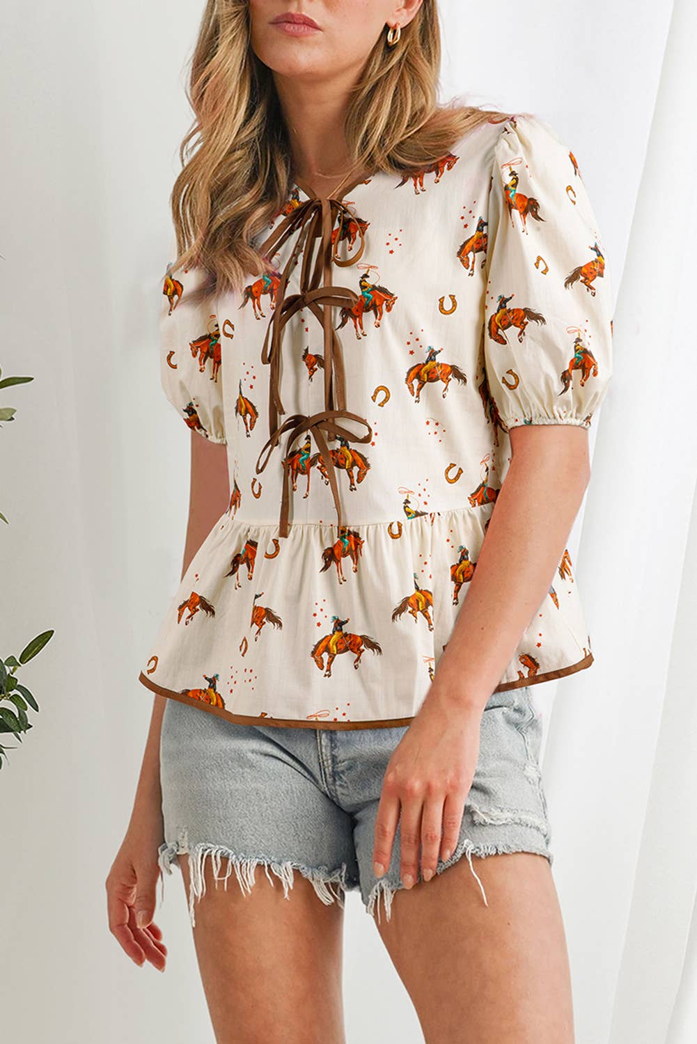 Cowboy Horse Print Bowknot Babydoll Blouse