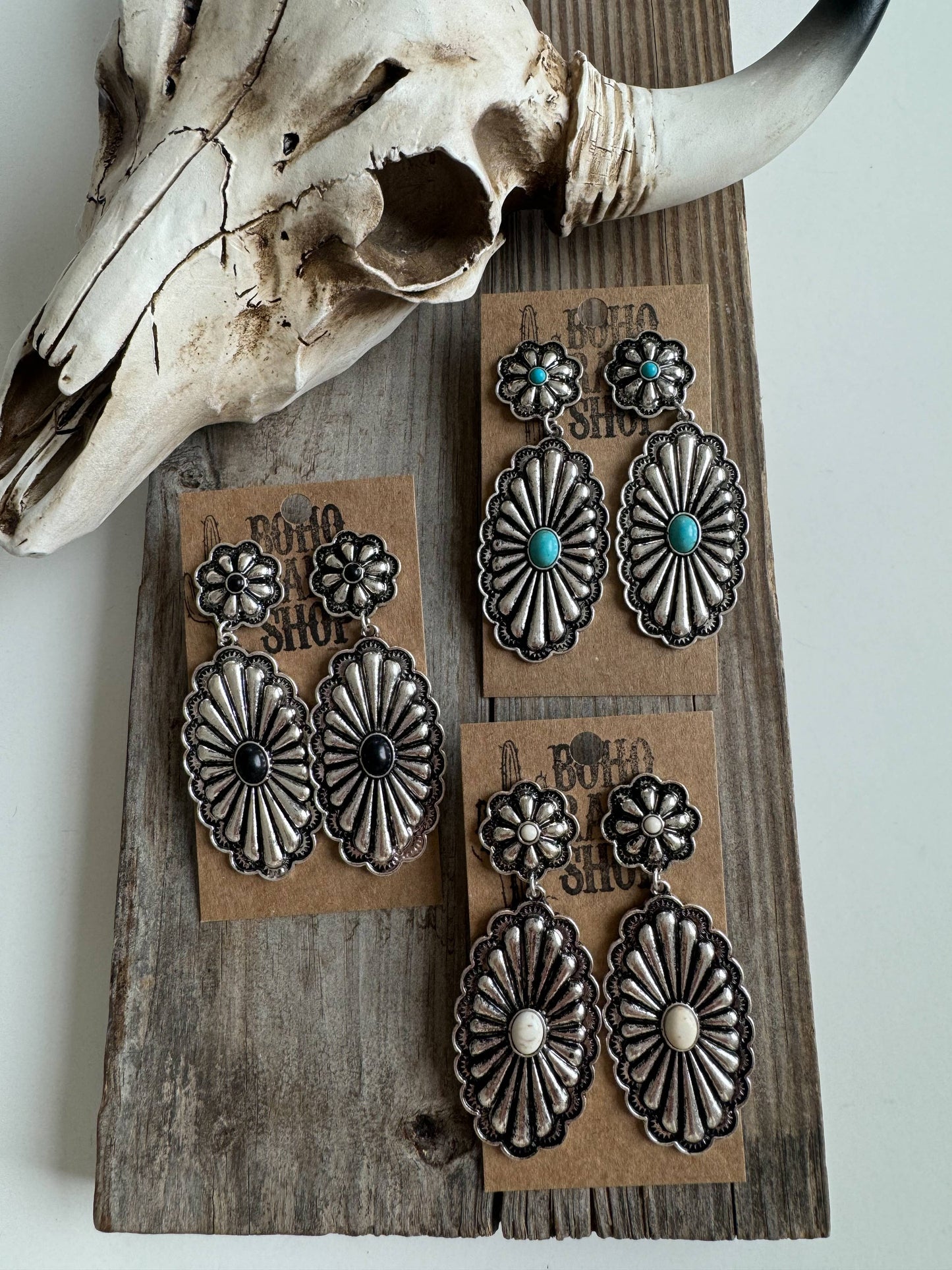 Western Textured Double Concho Earrings: TURQUOISE