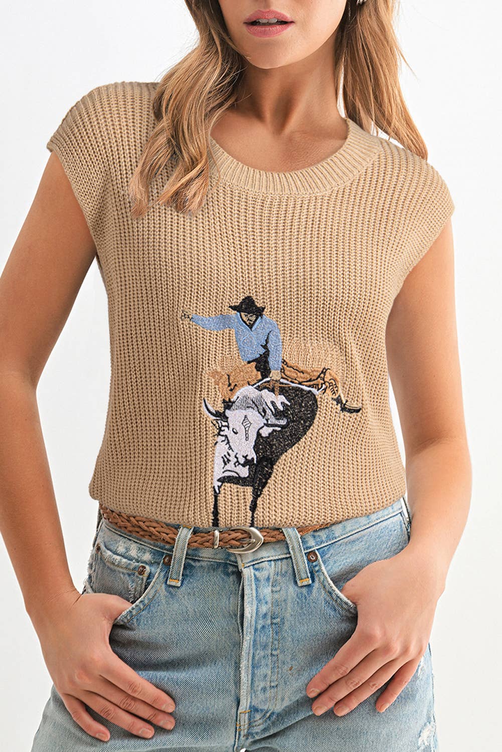 Bullrider Embroidery Sleevless Sweater