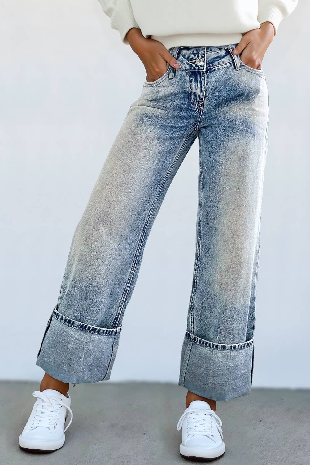 High Waist Button Zip Medium Wash Jeans