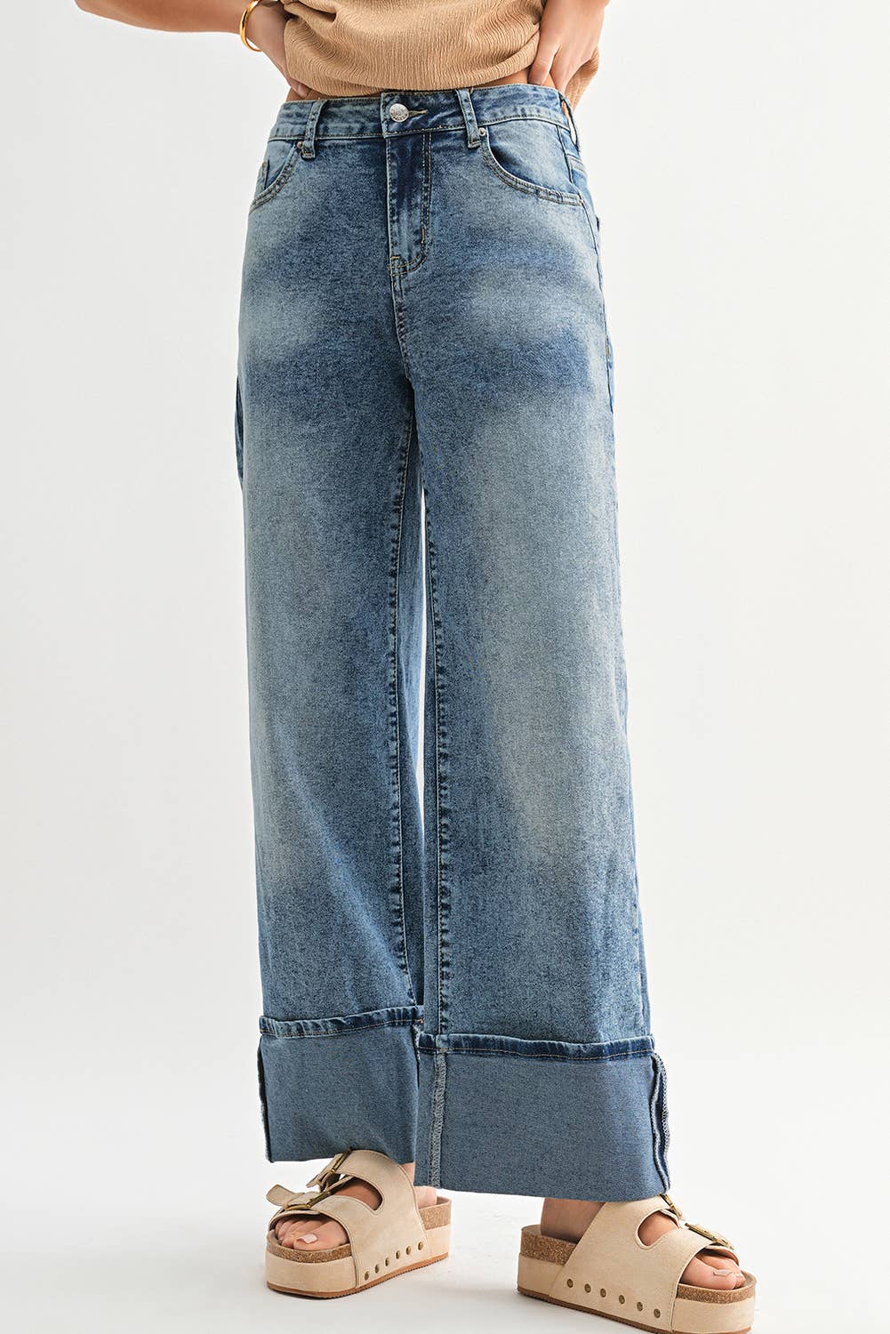 High Waist Button Zip Medium Wash Jeans