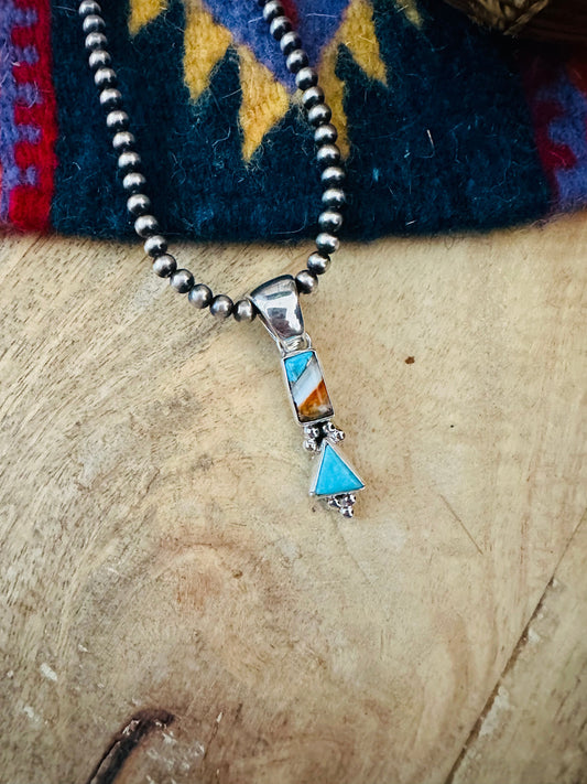 Navajo Turquoise, Spice & Sterling Silver Two Stone Pendant