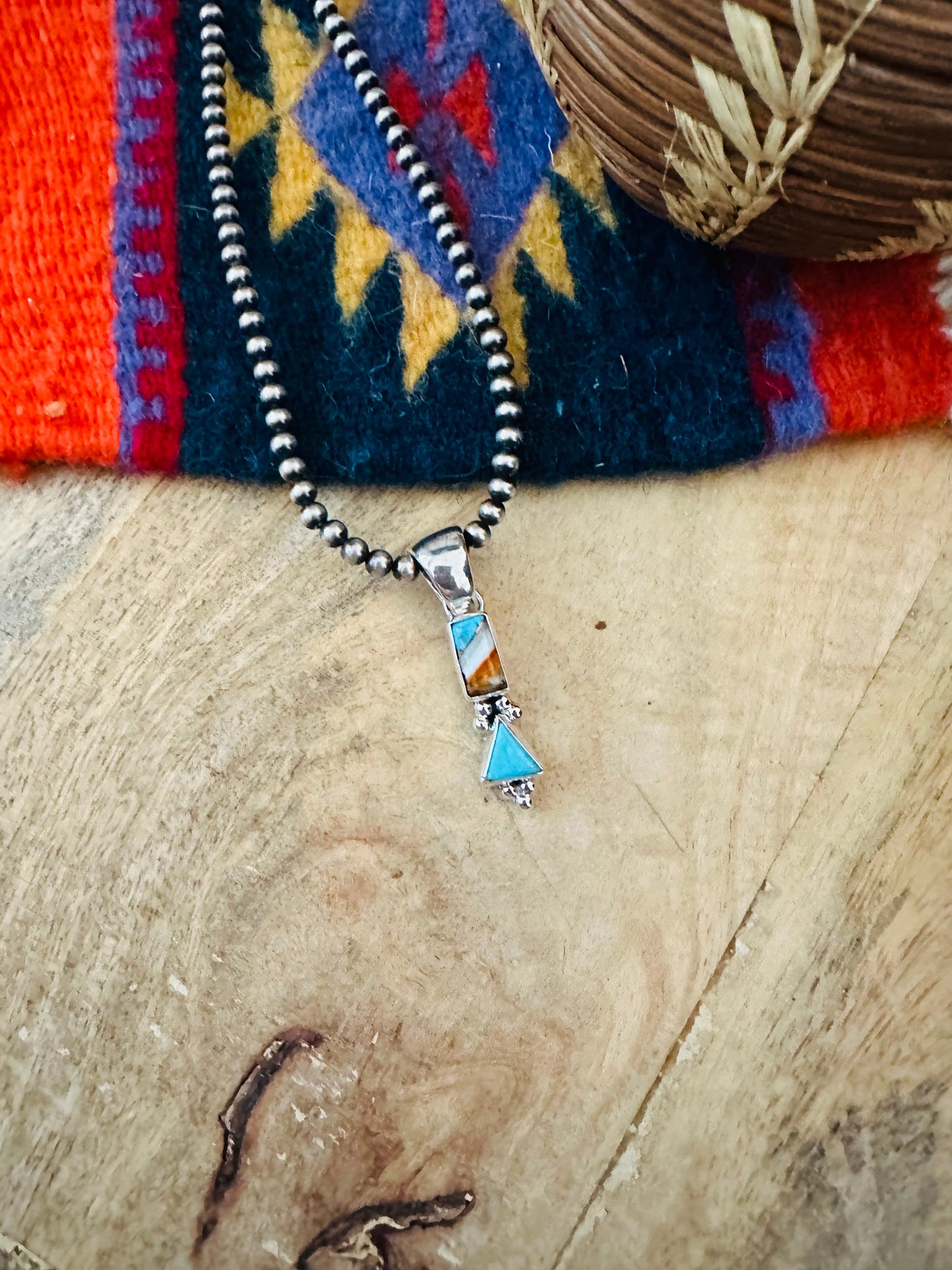Navajo Turquoise, Spice & Sterling Silver Two Stone Pendant