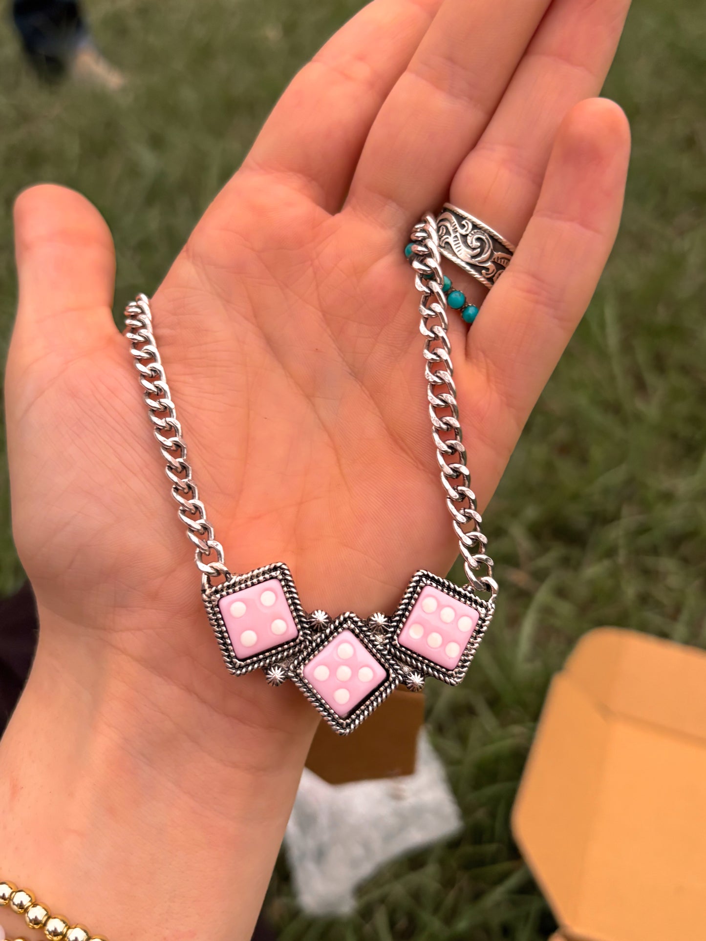 Pink lady dice necklace