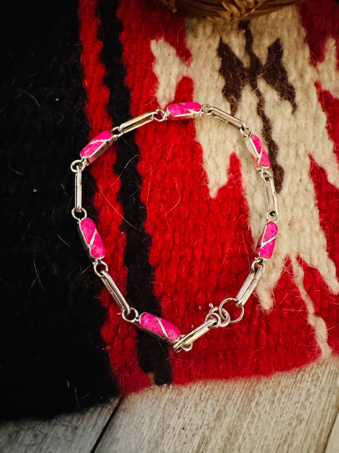 Zuni Pink Opal & Sterling Silver Inlay Link Bracelet