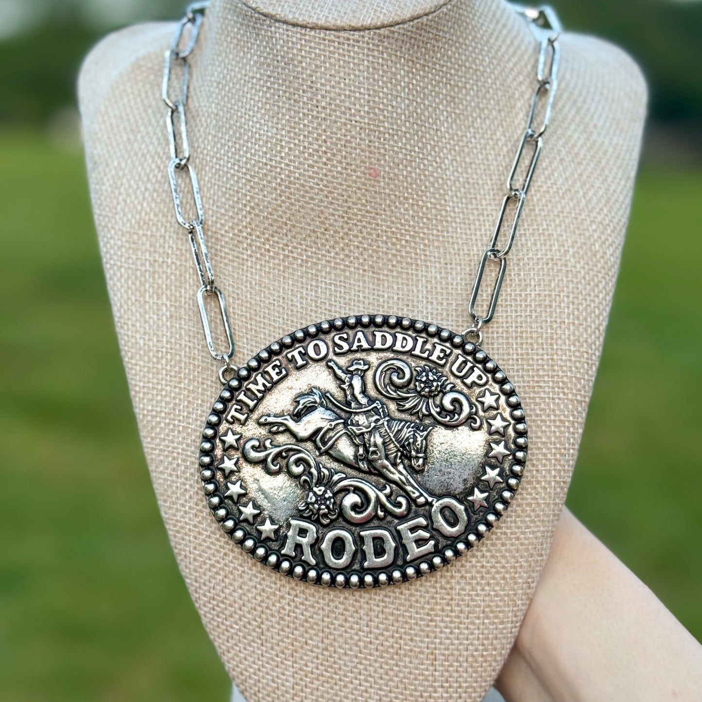 Western Large Time To Saddle Rodeo Pendant Necklace