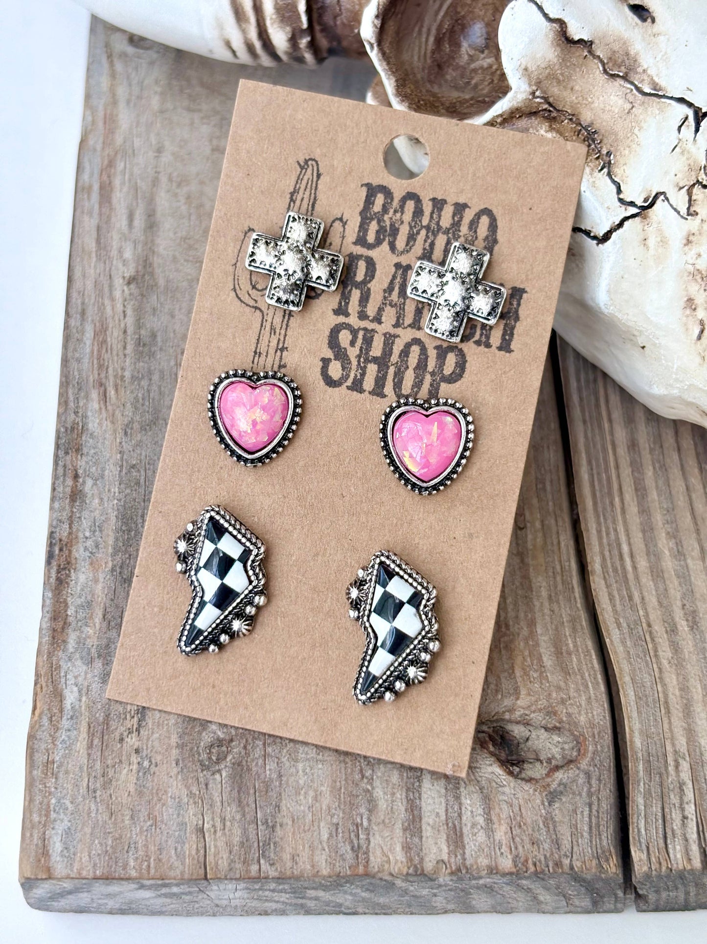 3pc Western Cross Heart Checker Lightning Stud Earrings Set