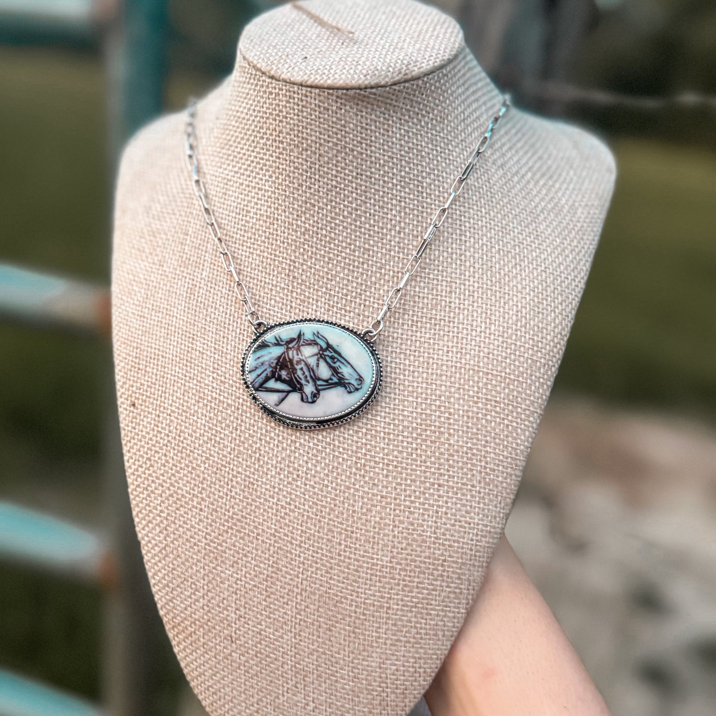 Western Oval Double Horse Print Pendant Necklace