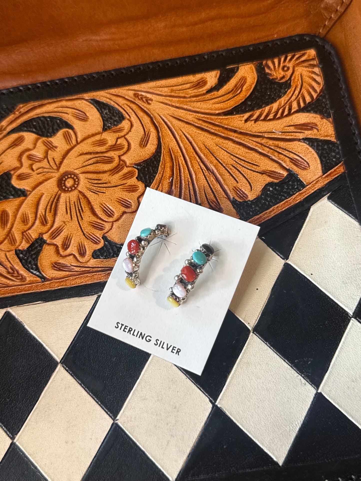 Multi  stone half hoop post earrings