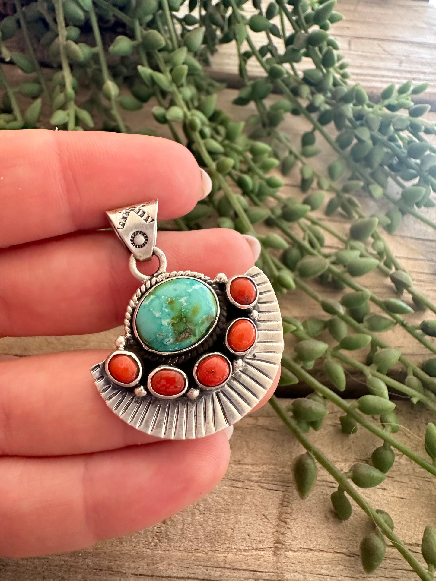 Beautiful Handmade Sterling Silver, Coral & Sonoran Mountain Turquoise Pendant