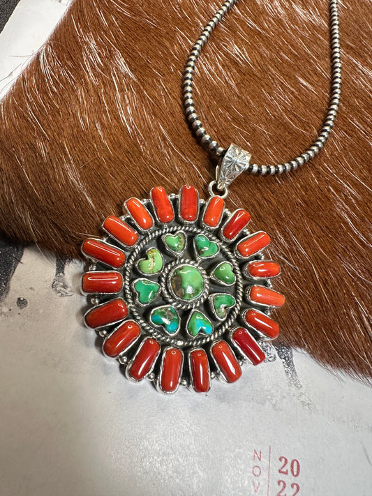 Beautiful Handmade Sterling Silver, Coral & Sonoran Mountain Turquoise Heart Pendant style 2